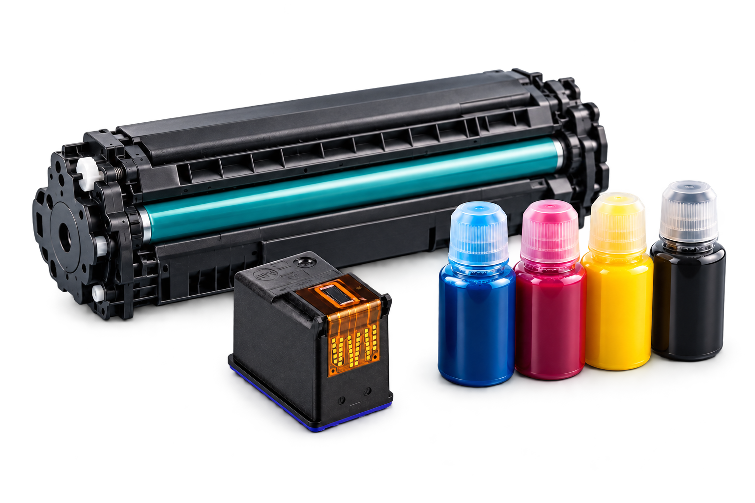 Illustrative toner cartridge, ink cartridge and ink bottles for a guide to printer supply enquiries