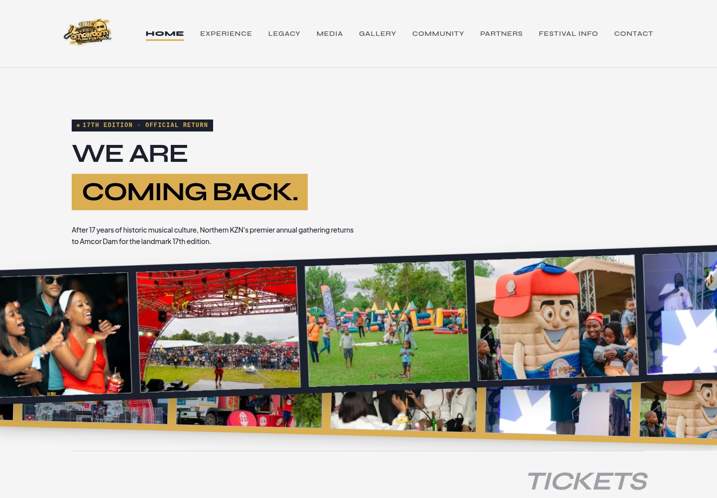 Newcastle Amcordam Music Festival homepage with its return announcement and festival photographs