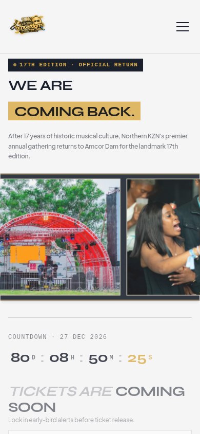 Amcordam Music Festival website on a phone with event details and countdown