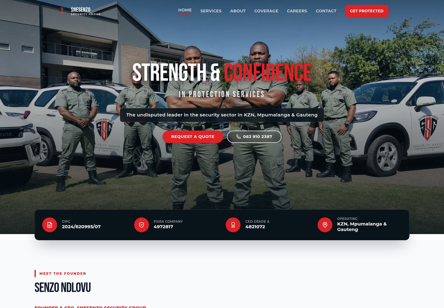 Snesenzo Security Group homepage showing its team, vehicles and quote request button