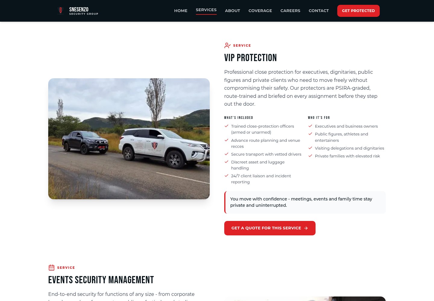 Snesenzo Security Group service page presenting its protection services