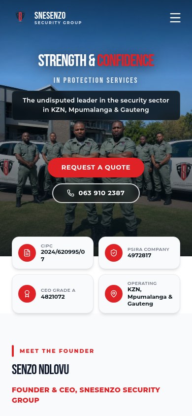 Snesenzo Security Group homepage adapted for a phone